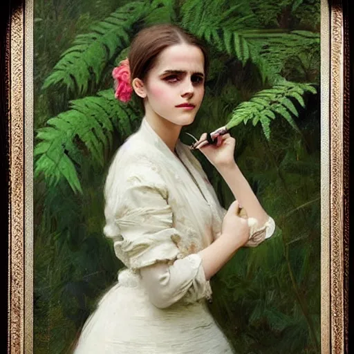 Prompt: very thick paint brush strokes paint texture full body fashion model emma watson by Jeremy Lipking by Hasui Kawase by Richard Schmid (((smokey eyes makeup eye shadow fantasy, glow, shimmer as victorian woman in a long white frilly lace dress and a large white hat having tea in a sunroom filled with flowers, roses and lush fern flowers ,intricate, night, highly detailed, dramatic lighting))) , high quality