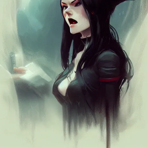 Image similar to female human vampire witch in the style of greg rutkowski, makoto shinkai, trending on artstation, character design, concept art, pretty face, highly detailed, long black hair, portrait, digital art