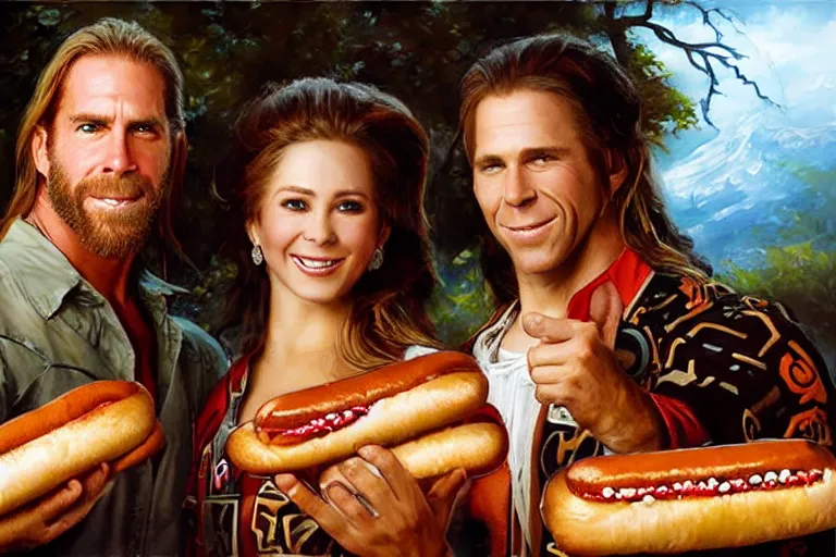 Image similar to portrait of wwf shawn michaels and queen elizabth ii sharing hotdogs, an oil painting by ross tran and thomas kincade