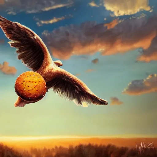 Image similar to a cheeseburger with wings, flapping its wings flying in sunset sky, oil on canvas, portrait, intricate, 8k highly professionally detailed, HDR, CGsociety