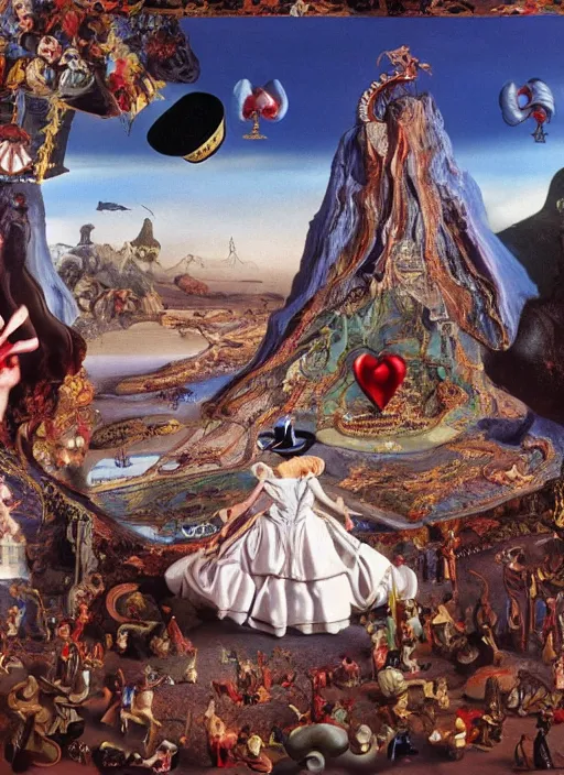 Prompt: the queen of hearts is angry in wonderland, by salvador dali, highly detailed matte painting, 8 k resolution