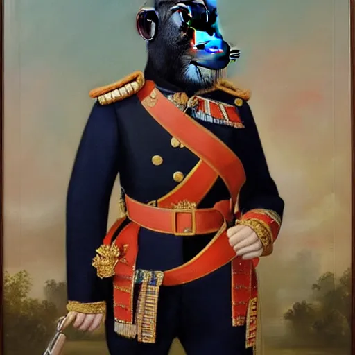 Image similar to An exquisite modern painting of a chimpanzee dressed like a bearded Napoleon with correct military uniform, no frames