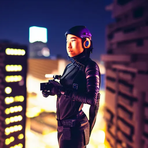 Image similar to photographic portrait of a techwear woman the camera a bullet, closeup, on the rooftop of a futuristic city at night, sigma 85mm f/1.4, 4k, depth of field, high resolution, full color, award winning photography