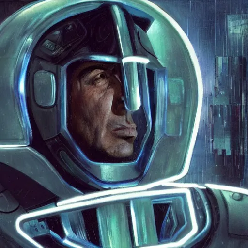 Prompt: sylvester stallone in ancient spartan style cyber armor, tech noir, wet reflections, prism, atmospheric, ambient, pj crook, syd mead, livia prima, greg rutkowski, edward hopper
