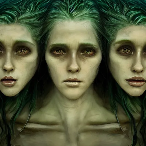 Image similar to an evil three headed sea hag, seaweed hair, extremely detailed oil portrait, horror, monster, d & d character art, digital art, oil painting, unreal 5 render, digital art, octane render, beautiful composition, trending on artstation, award winning photograph, masterpiece