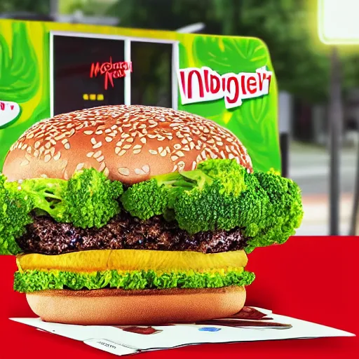 Image similar to promo art for the new broccoli burger from mcdonalds,