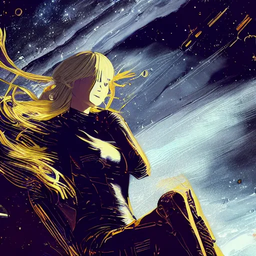 Prompt: highly detailed portrait of a young astronaut lady with a wavy blonde hair, by Dustin Nguyen, Akihiko Yoshida, Greg Tocchini, Greg Rutkowski, Cliff Chiang, 4k resolution, nightclub dancing inspired, nier:automata inspired, rave inspired, vibrant but dreary gold, silver, opal, black and white color scheme!!! ((Space nebula nightlife background))