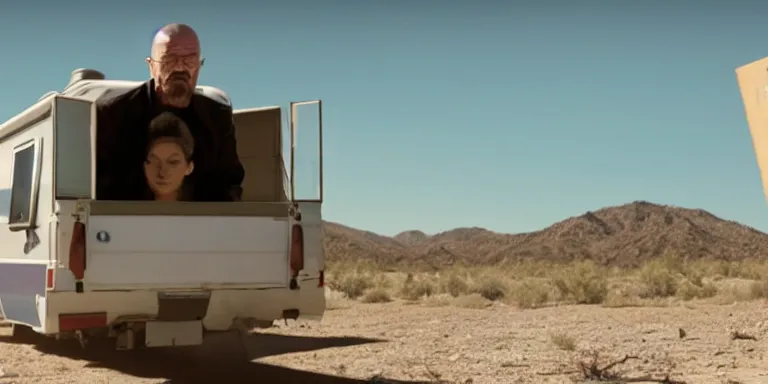 Image similar to film still of walter white carrying kim kardashian into an old derelict rv on the tv show breaking bad, cinematic-shot, 4k