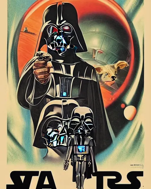 Image similar to vintage star wars movie poster by tom jung, with pugs droids and a darth vader helmet that looks like a pug face