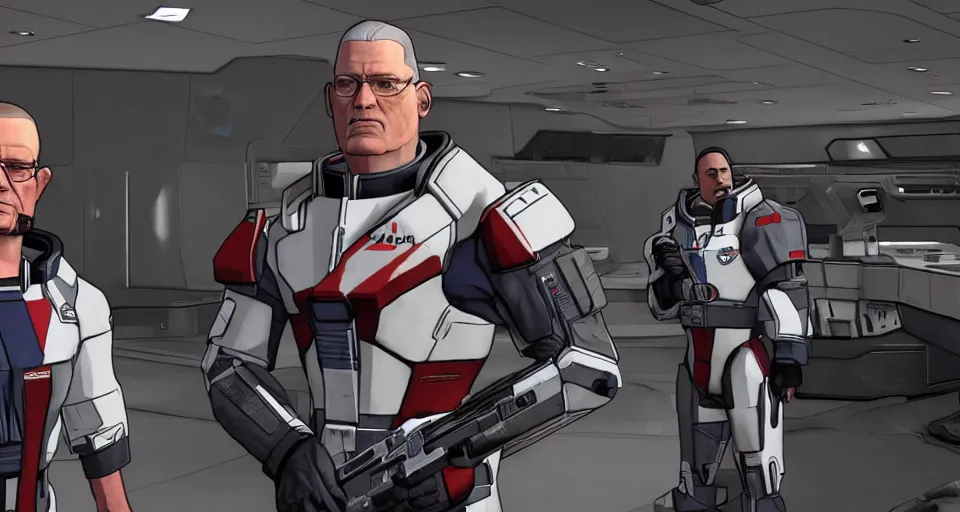 Prompt: low light settings. hank hill as commander shepard alone within the ssv normandy in the videogame mass effect 2. mid - conversation portrait. dim spaceship interior bg behind him. cutscene. hd.