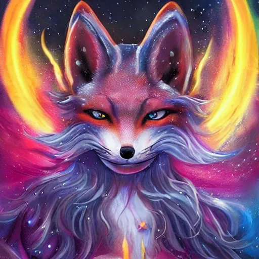 Image similar to a painted avatar portrait of an awesome cosmic powerful kitsune fox mage being themed around death and the stars and the cosmos, covered in flowers, holding an enchanted dagger, in the style of dnd beyond avatar portraits, beautiful, artistic, elegant, lens flare, magical, lens flare, nature, realism, stylized, art by jeff easley