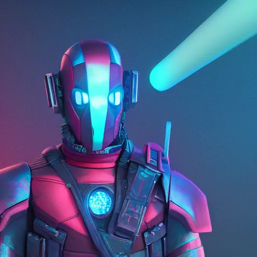 Image similar to cyberpunk concept cool deadpool warrior bot, cinema 4 d, galaxy, ufo, space sci - fi, wearing vr goggles, illustration, portrait, pastel neon textured background night, trending on artstation, greg rutkowski, octane rendered, 1 2 k, detailed,