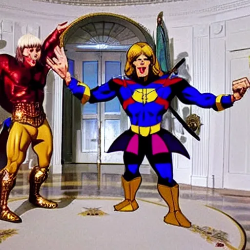 Image similar to he - man fights skeletor hyper realistic in the white house