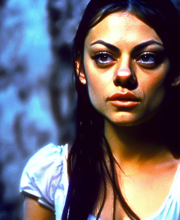 Image similar to acid-processed film still of 18 year old Mila Kunis as Juliet from Romeo and Juliet looking at the camera with tired eyes. soft detailed film still at 16K resolution and amazingly epic visuals. epically luminous image. amazing lighting effect, image looks gorgeously crisp as far as it's visual fidelity goes, absolutely outstanding image. perfect film clarity. ultra image detail. iridescent image lighting. mind-breaking atmosphere. mega-beautiful pencil image shadowing. beautifully serene face. Ultra High Definition image. soft image shading. soft image texture. intensely beautiful image. large format picture. intricately detailed with Norse runes.