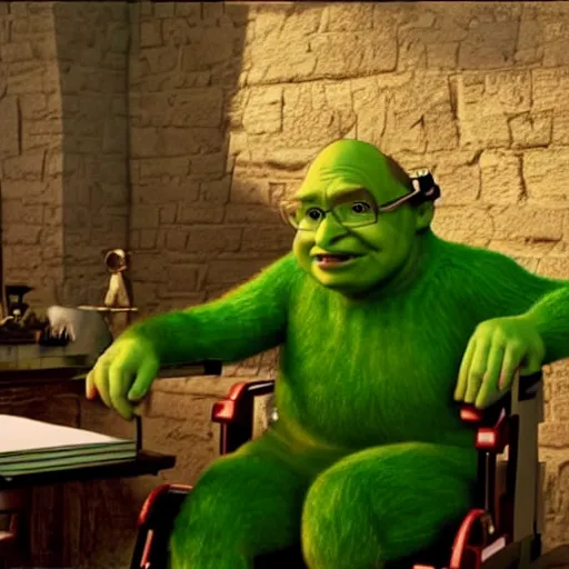 Image similar to stephen hawking as shrek, cgi movie still,