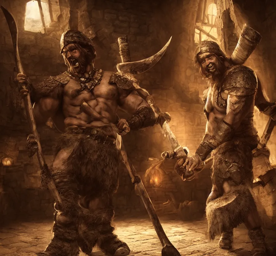 Image similar to barbarian with big axe in medieval tavern, instagram, unreal engine 5, digital art, wallpaper, 8 k, ultra detailed, realistic photo, artstation