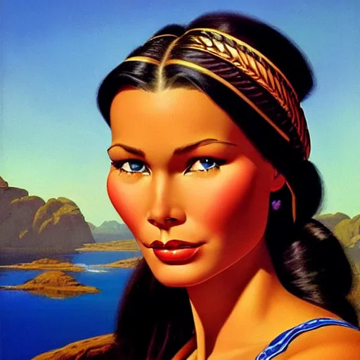 Image similar to portrait of a beautiful pocahontas, expressive pose, symmetrical face, shiny lips, highly detailed, digital painting, smooth, sharp focus, by gil elvgren