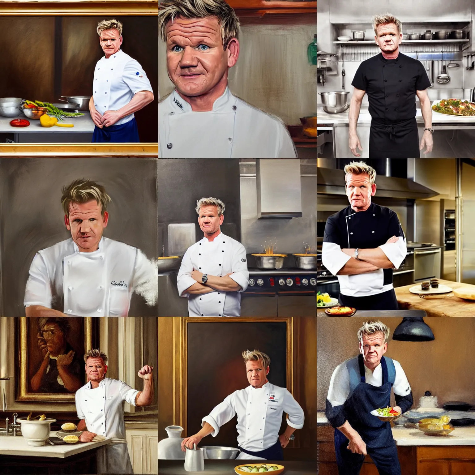 Prompt: A medium long shot of Gordon Ramsay wearing a chef uniform in a kitchen, oil painting, classicism style