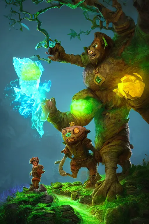 Image similar to arcane fantasy art giant golem elemental wood rock bastion forged gemstone enchanted forest troll, global illumination ray tracing hdr fanart arstation by sung choi and eric pfeiffer and gabriel garza and casper konefal lisa frank zbrush central hardmesh radiating a glowing aura