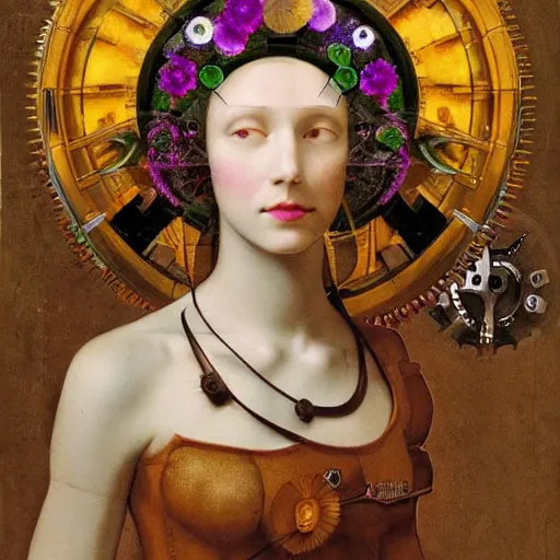 Image similar to portrait of a beautiful young cyborg woman with a big steampunk flower crown and part mechanical face , Metropolis, by Leonardo Da Vinci in the style of Man Ray