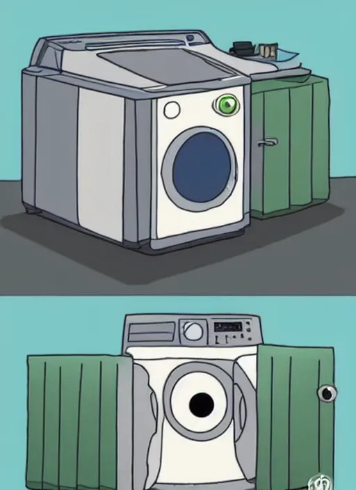 Prompt: a washing machine by studio ghibli, googly eyes, cute, anime : : artstyle of spirited away