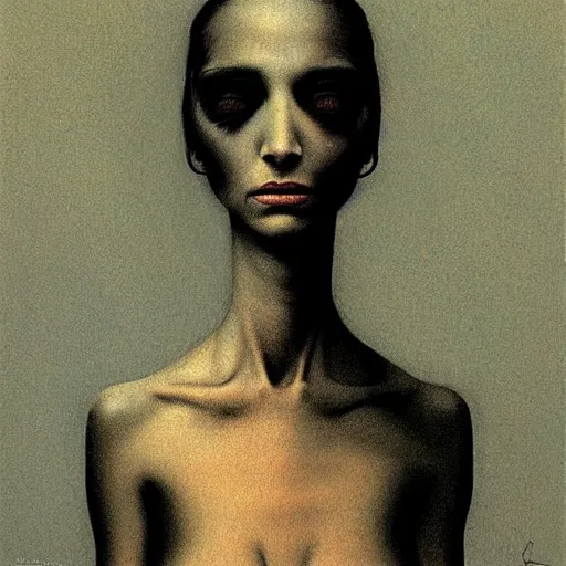 Image similar to portrait of lizard woman by Beksinski