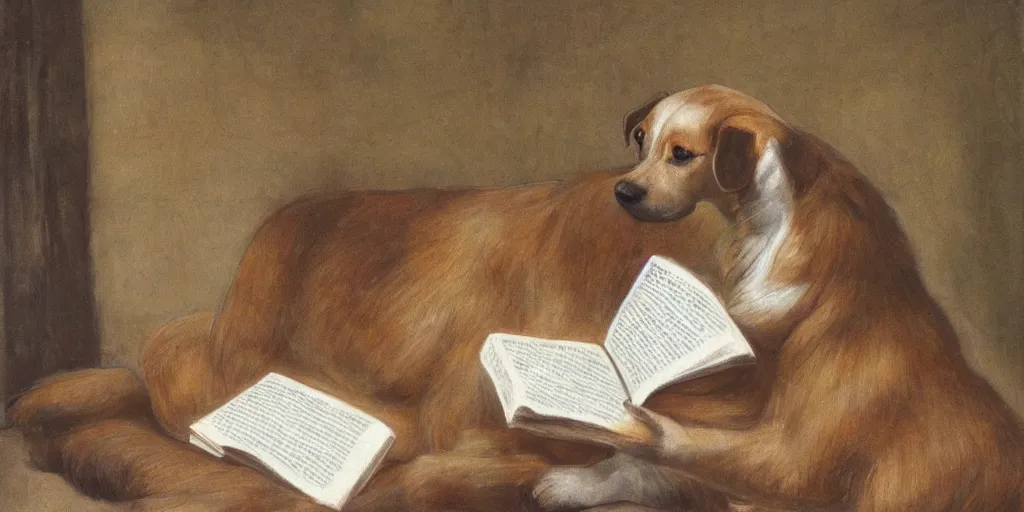 Prompt: a dog reading a book, by berthe moriso