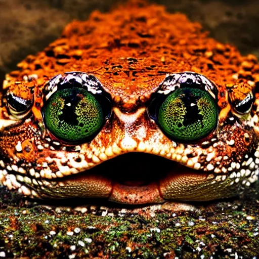 Prompt: deep camouflage angry toad evil eyes poking out eyes from under the water ultra sharp blur background simple background deep brown orange staring into camera poster art full brown national Geographic