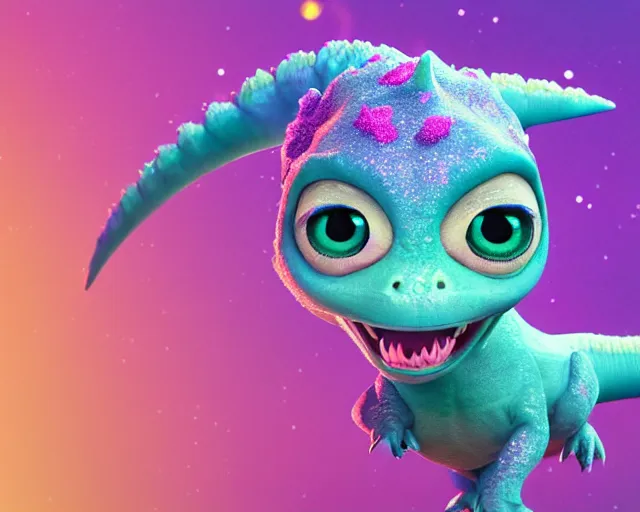 Image similar to a cute baby dinosaur, big eyes, soft fur and scales texture, pastel colours, colorful, glitter crystals, cute, pixar animation style, detailed, soft light, octane render, 4 k