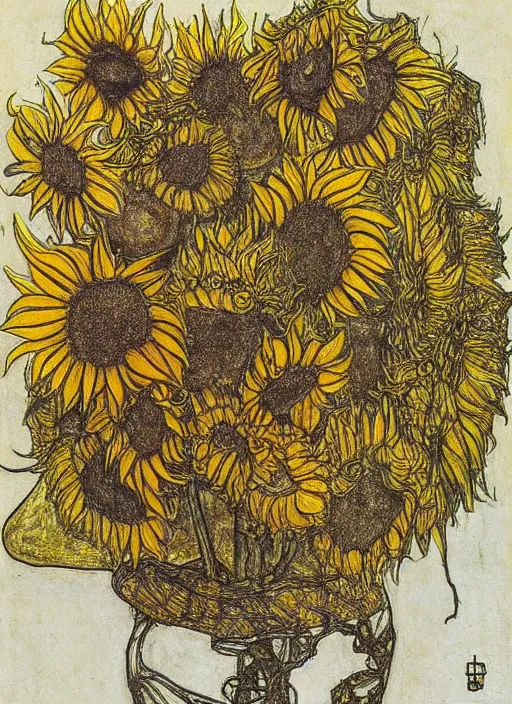 Image similar to an intricate drawing of a intertwined sunflowers by Egon Schiele and Piet Mondrian