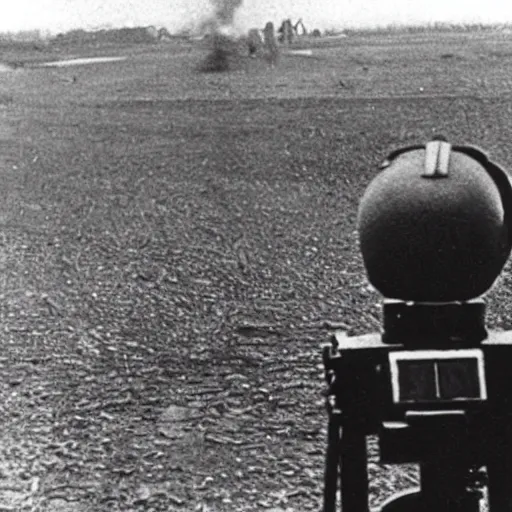 Image similar to world war 2 footage of germany testing a nuclear bomb, taken on a ww 2 camera, you can see a single german soldier standing next to the camera, realistic.