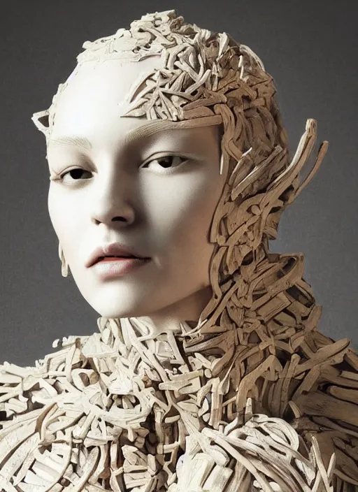 Prompt: sculpture made of wood, portrait, female, future, shaman, harper's bazaar, vogue, magazine, intricate, concept art, close up, ornate, luxury, elite, elegant, trending on artstation, by ruan jia, by Kenneth Willardt, by ross tran, by WLOP, by Andrei Riabovitchev,