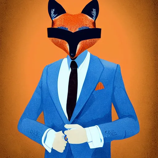 Image similar to “Young man wearing an orange-gala-fox-mask and darkblue suit, digital art”