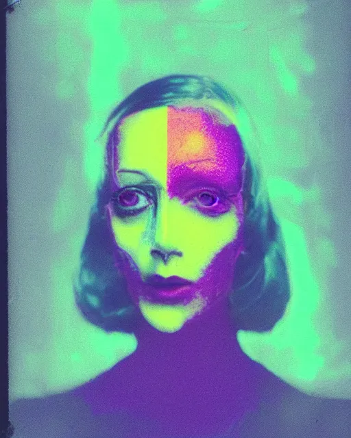 Prompt: cut and paste, curious robotic woman's face, sharp bob hair, dark makeup, violet and yellow and green and blue lighting, polaroid photo, 1 9 8 0 s, atmospheric, whimsical and psychedelic, grainy, expired film, super glitched, corrupted file, ghostly, bioluminescent glow, sci - fi, twisty