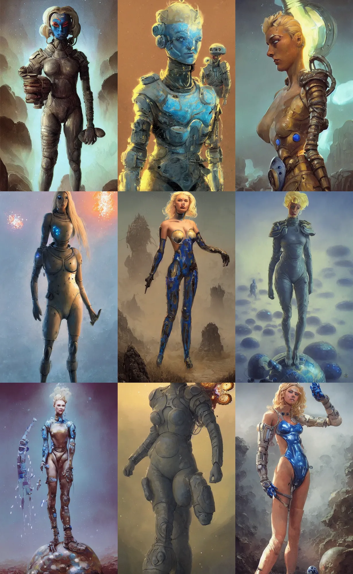 Prompt: A mixed media portrait painting of a beautiful blonde woman, soldier, futuristic sci-fi armored one-piece swimsuit and boots, glowing blue mushrooms in mire, detailed Aesthetic! face and eyes, slavic, by Beeple, Frank Frazetta, Greg Rutkowski, Christian MacNevin, Boris Vallejo, epic fantasy character art, high fantasy, CGsociety, 60's Sci-fi Pinup, exquisite detail, post-processing, masterpiece, cinematic, crysis
