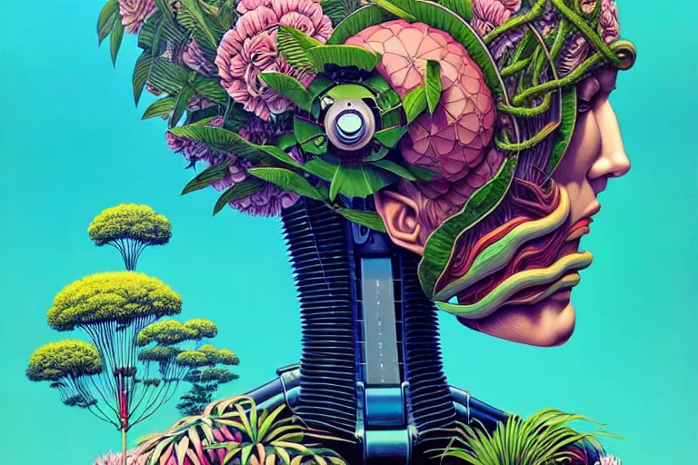 Image similar to gigantic robot head, a lot of exotic vegetation, trees, flowers by moebius, junji ito, tristan eaton, victo ngai, artgerm, rhads, ross draws, hyperrealism, intricate detailed