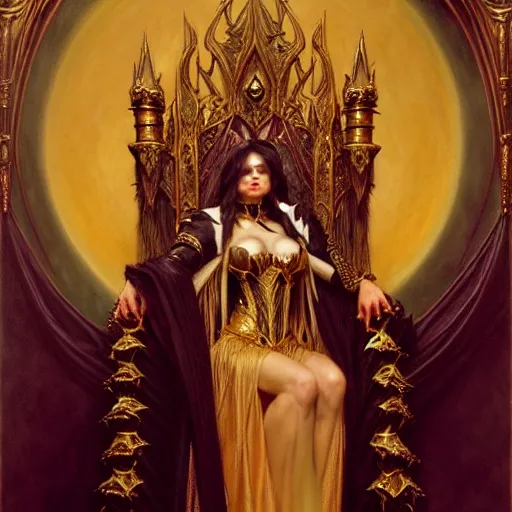 Image similar to full body portrait of beautiful vampire queen in gold gothic robes sitting on a throne of bones, elegant, highly detailed painting by gaston bussiere, craig mullins, j. c. leyendecker, 8 k, mid shot