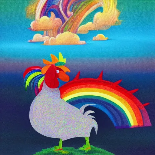 Image similar to A rooster wearing a fedora, standing on a unicorn at the beach, with rainbow in the sky.