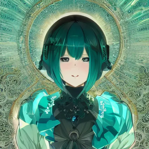 Image similar to hatsune miku short hair, anime style, hyper detailed, light green dress, illustration, digital painting, art by artgerm and greg rutkowski and alphonse mucha, high delicate defined details, anime stylized, highly detailed, realistic, sharp focus, styled by rhads