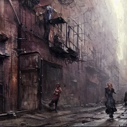 Image similar to sadie sink runs desperately | a mechanical monstrosity chases sadie sink | alleyway near decaying tenements. concept art for scifi dystopian film. by nikolay makovsky, bob byerley, wadim kashin, andrea kowch. cinematic moody atmosphere, detailed and intricate, perfect anatomy