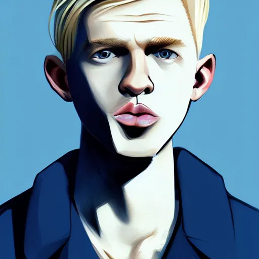 Image similar to thin blond man with blond hair long on top short down the sides, blond beard, small chin, thin nose, thin lips, english heritage, small blue eyes, small ears, pale skin, narrow face, digital art, painterly, cartoon, cute, 8k, illustration, art by loish, painterly, trending on artstation, medium shot, uncropped