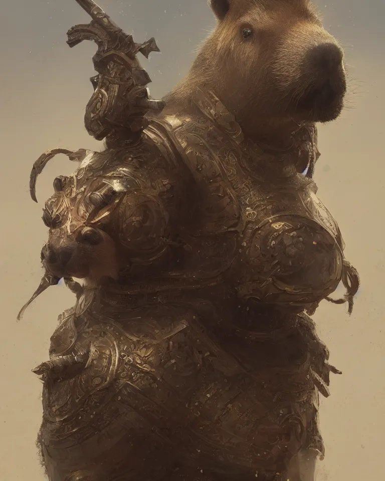 Image similar to portrait of a capybara warrior, elegant intricate armour, highly detailed, matte painting, artstation, 4 k, concept art, greg rutkowski