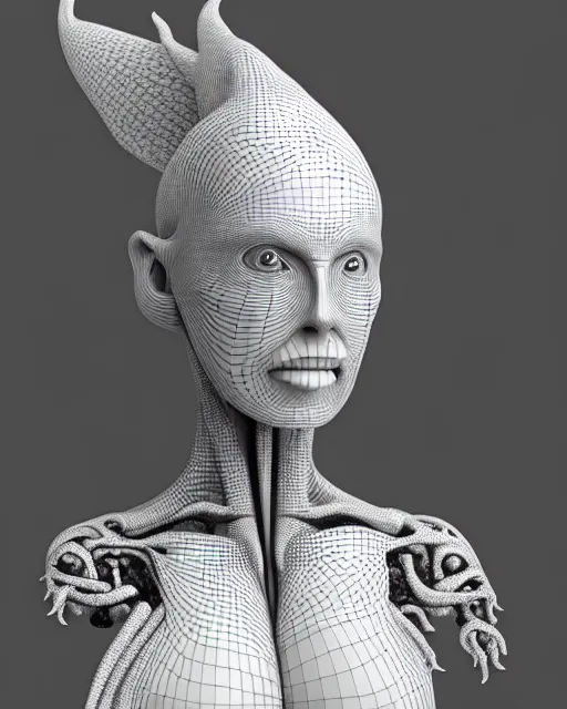 Image similar to a black and white 3D render of a young beautiful female queen-dragon-cyborg bust with a very long neck and Mandelbrot fractal face, Mandelbrot fractal skin, flesh, anatomical, facial muscles, veins, arteries, elegant, highly detailed, flesh highly ornated, hair are cable wires, elegant, high fashion, rim light, octane render, in the style of H.R. Giger, Realistic, Refined, Digital Art, Highly Detailed, Cinematic Lighting, rim light, black and white, photo-realistic, 8K