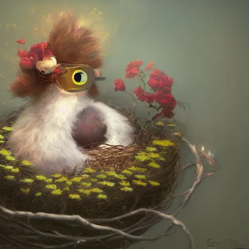 Prompt: soulful long shot of a very cute monster chick nesting in a very romantique floral cup, by esao andrews, by james jean, very humorous illustration, big depth of field, perspectice perception, volumetric light, warm cosy colors, night scenery, low light, unreal engine 5, 8 k, conceptart, hyperdetailed, hyperrealistic, trending on artstation