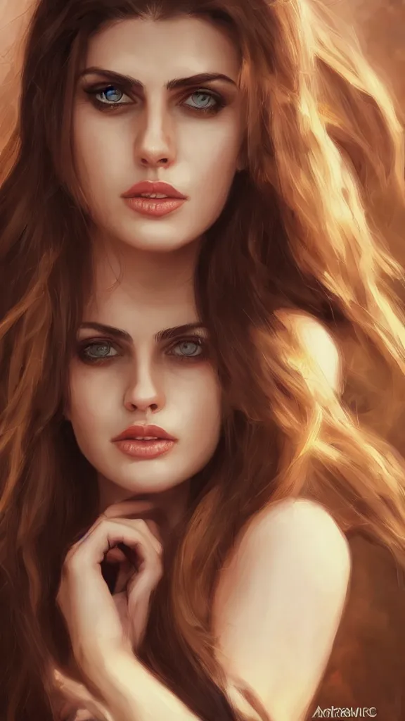 Image similar to stunning portrait of a woman who looks like a mix between Alexandra Daddario and Carmen Electra , trending on artstation, WLOP, artgerm