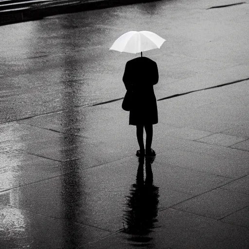 Prompt: a shadow figure holding an umbrella in tokyo, rainy, moody, 5 0 mm