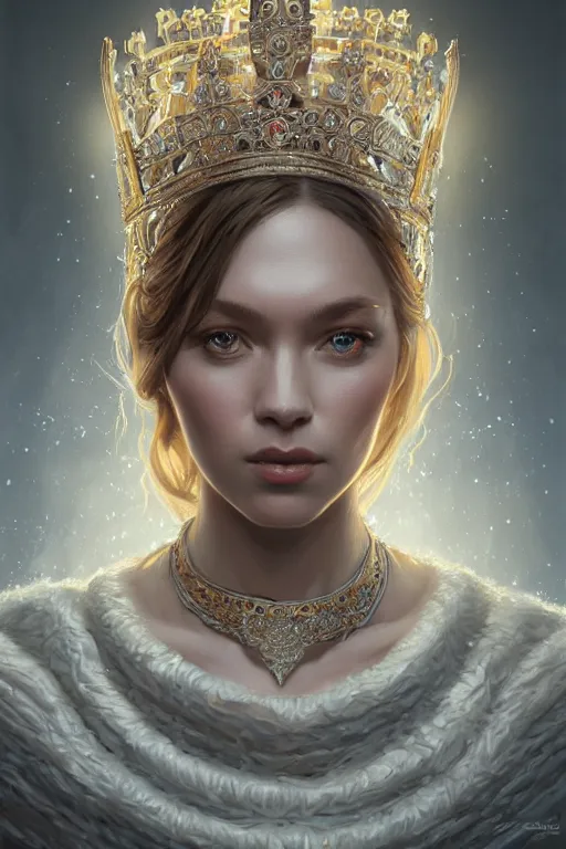 Image similar to highly detailed portrait of an elegant norwegiangoddess, ornate crown, beautiful symmetrical face, glowing skin, digital painting, artstation, concept art, smooth, clear focus, illustration, greg rutkowski, artgerm, global lighting, detailed and fantasy