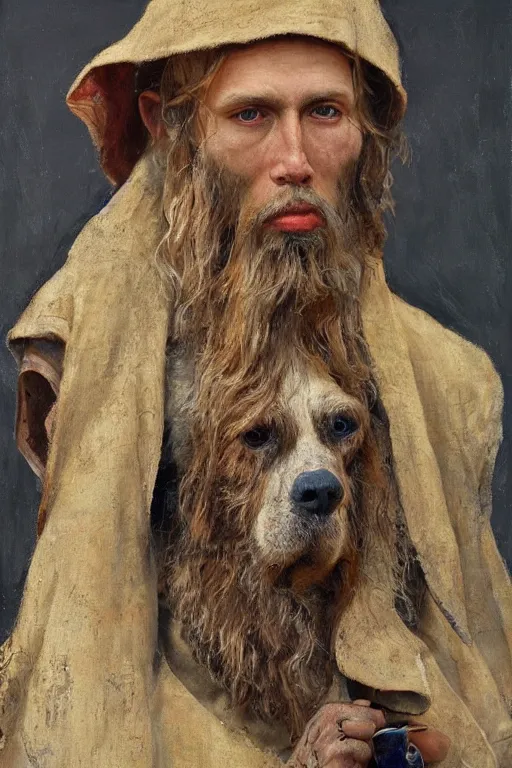 Prompt: slavic dog head man, woolen torso in medieval clothes, building a house, orthodox saint christopher, oil painting, painting by viktor vasnetsov, painting by viktor whimmy, concept art, hyperrealism, beautiful, high resolution, trending on artstation,
