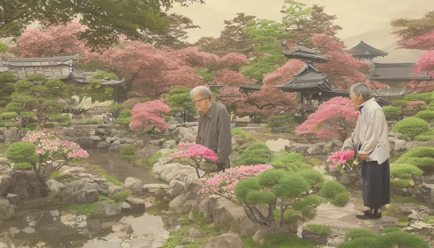 Image similar to old japanese man giving flowers to his wife, japanese flowery garden in the village, sunny day, drawing, hyperdetailed, artstation, cgsociety, 8 k