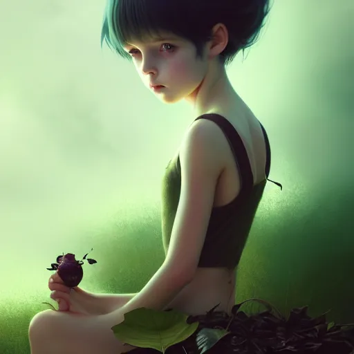 Image similar to very very small little girl by tom bagshaw, sitting on a gigantic green leaf by ilya kuvshinov, rtx rendering, octane render 1 2 8 k, maya, extreme high intricate details by wlop, digital anime art by ross tran, medium shot, close up shot, composition by sana takeda, lighting by greg rutkowski